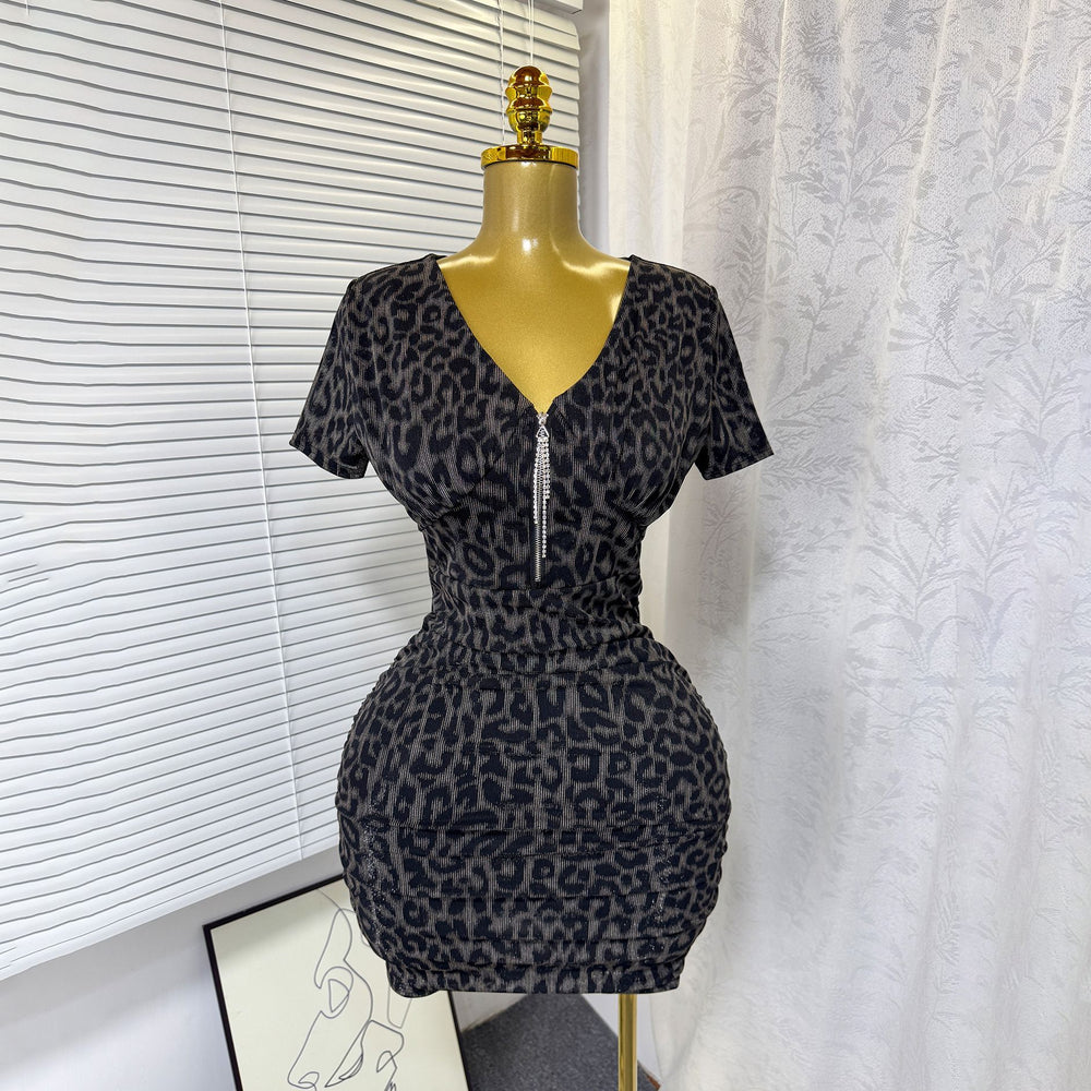Exportsummernew arrivalsexy silmv neck zipper elastic mesh dress leopard print printing hip skirt for women