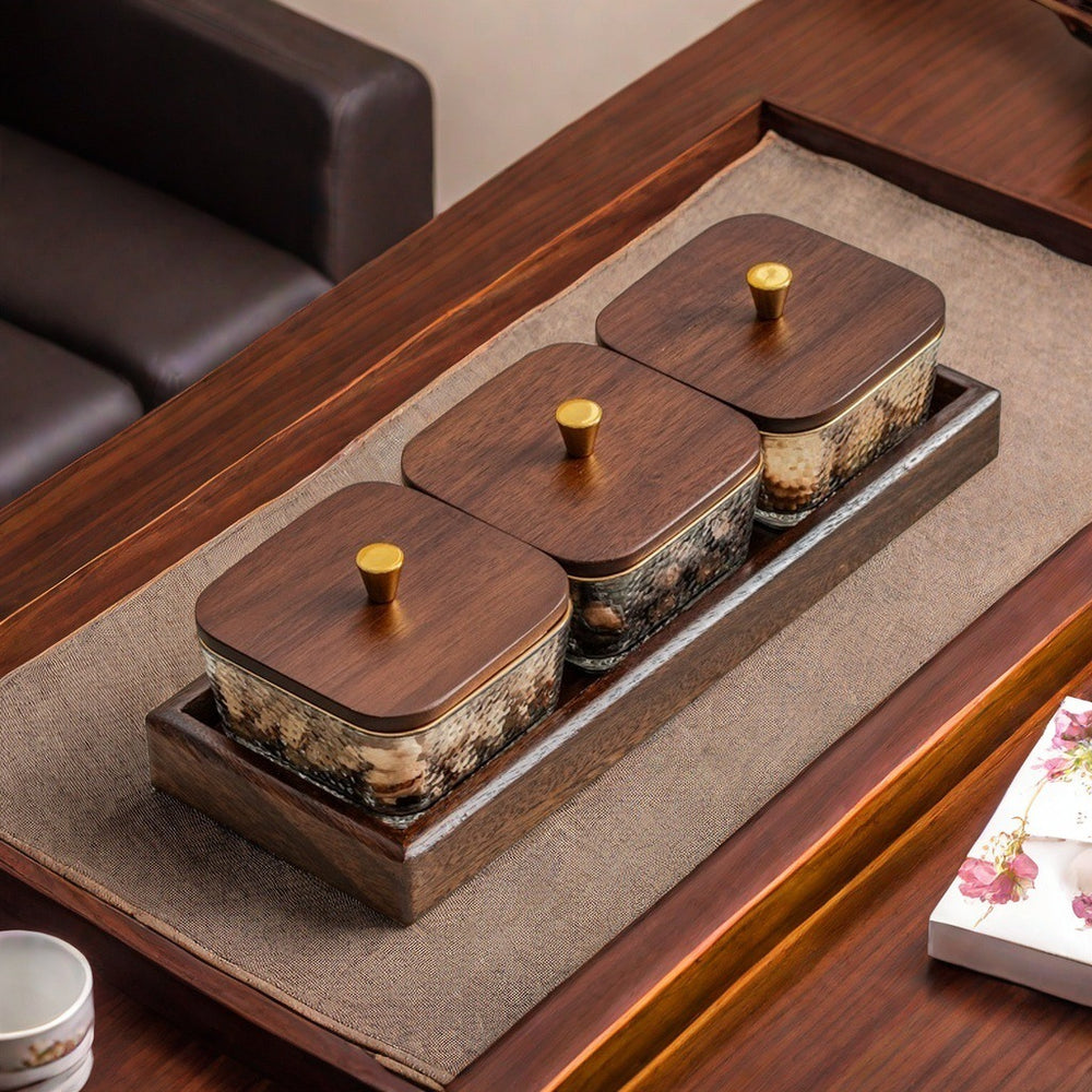 Walnut glass fruit plate living room for home high-end light luxury grid dried fruit plate new chinoiserie snack tea fruit plate
