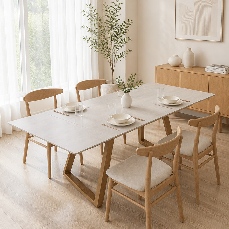 Off-white travertine rock slab dining table - extendable & foldable, cross-border dining table, modern minimalist home restaurant table
