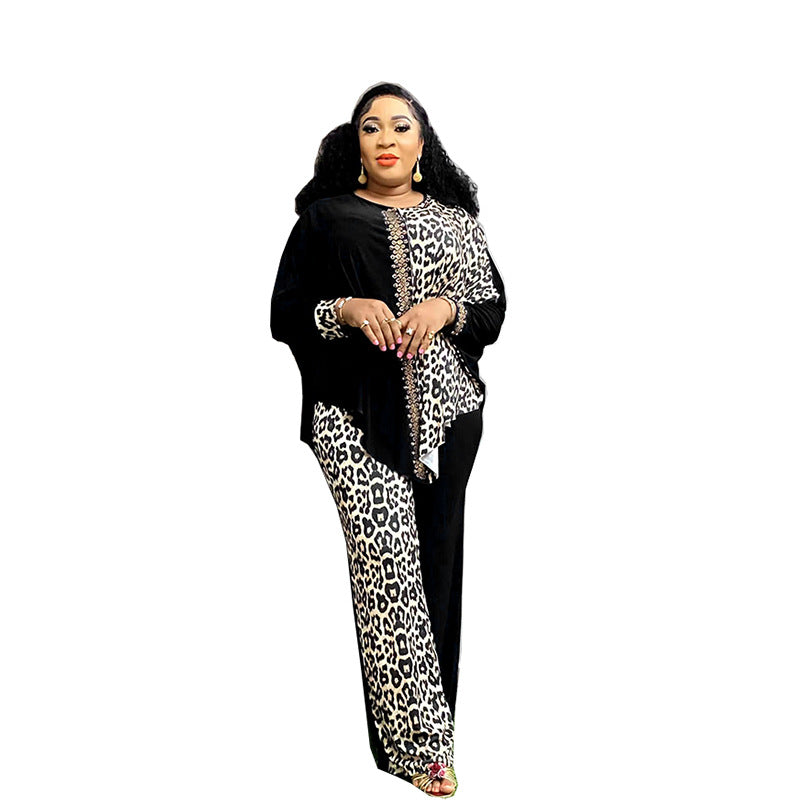 Leopard print patchwork batwing top and pants set - cross-border sourcing - african women's clothing