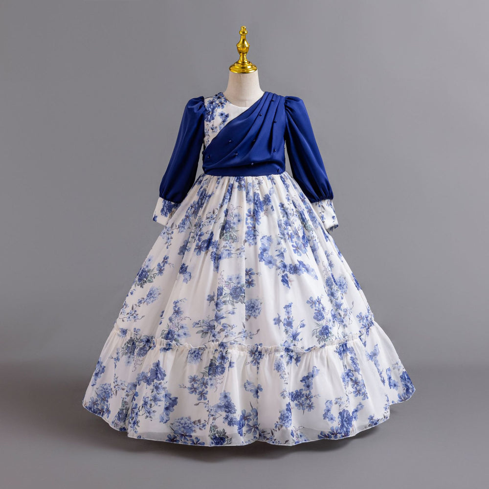 New in stock girls floral evening dress chiffon long sleeves princess dress model catwalk dressgirl dress