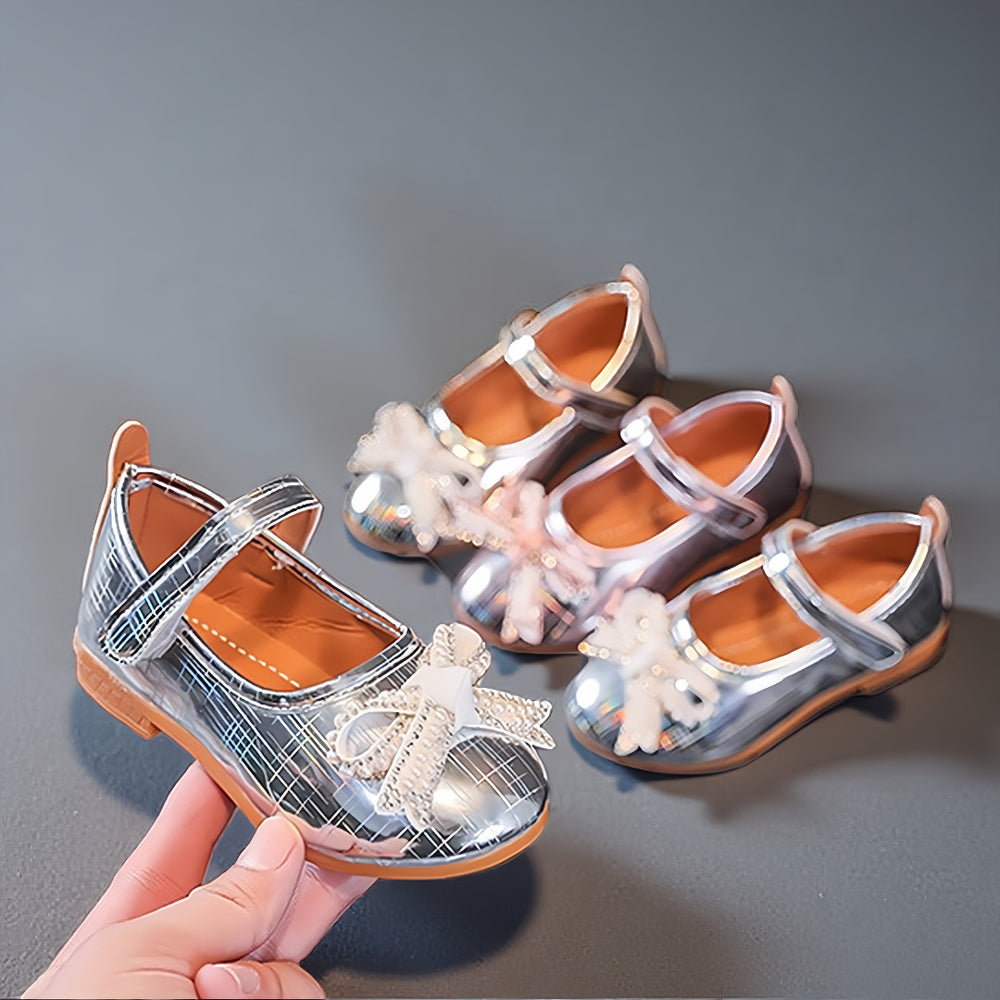 Girls'  spring bowknot soft-soled princess leather shoes for toddlers and young children - velcro closure, wear-resistant, and non-slip