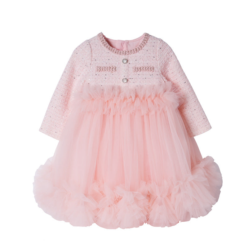 Girls' dress - new autumn  korean style chunky knit tweed princess dress - slimming mesh tulle tutu skirt
