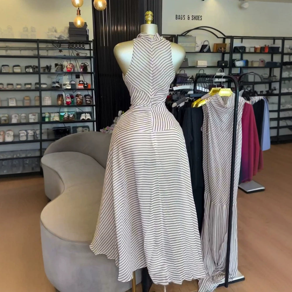 European and american cross-border women's fashion:  summer new arrival - elegant and chic scoop neck, slim-fit, sleeveless striped dress