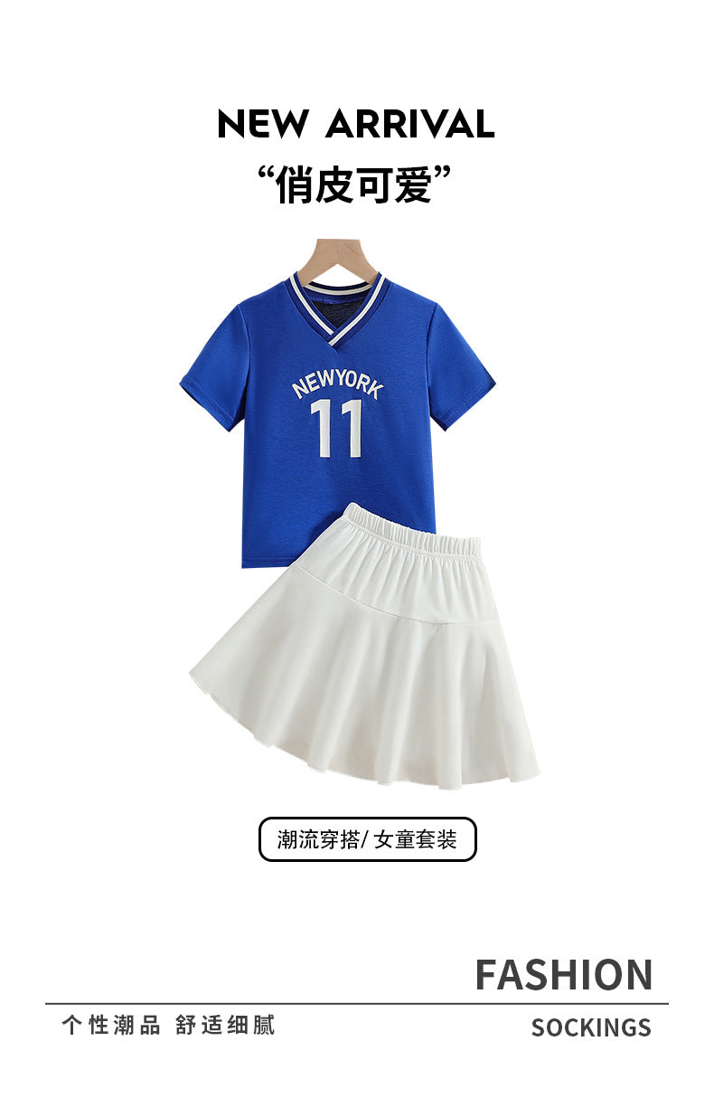 Girls' summer activewear set: blue v-neck digital print tee & white midi skirt - perfect for export
