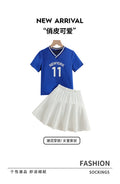 Girls' summer activewear set: blue v-neck digital print tee & white midi skirt - perfect for export