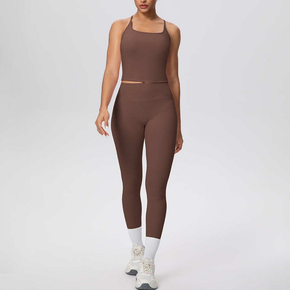 New arrival cross-border brushed back tight i-shaped back flap pocket pants yoga suit sports running fitness two-piece set