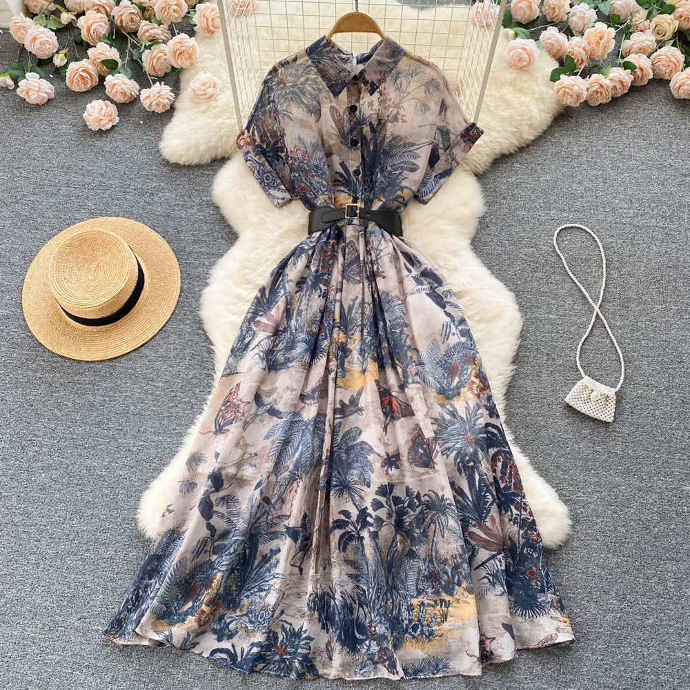 Palace style frenchniche styleeleganteleganceprintingdress women's summernew arrival waist slimming look gentle style long skirt