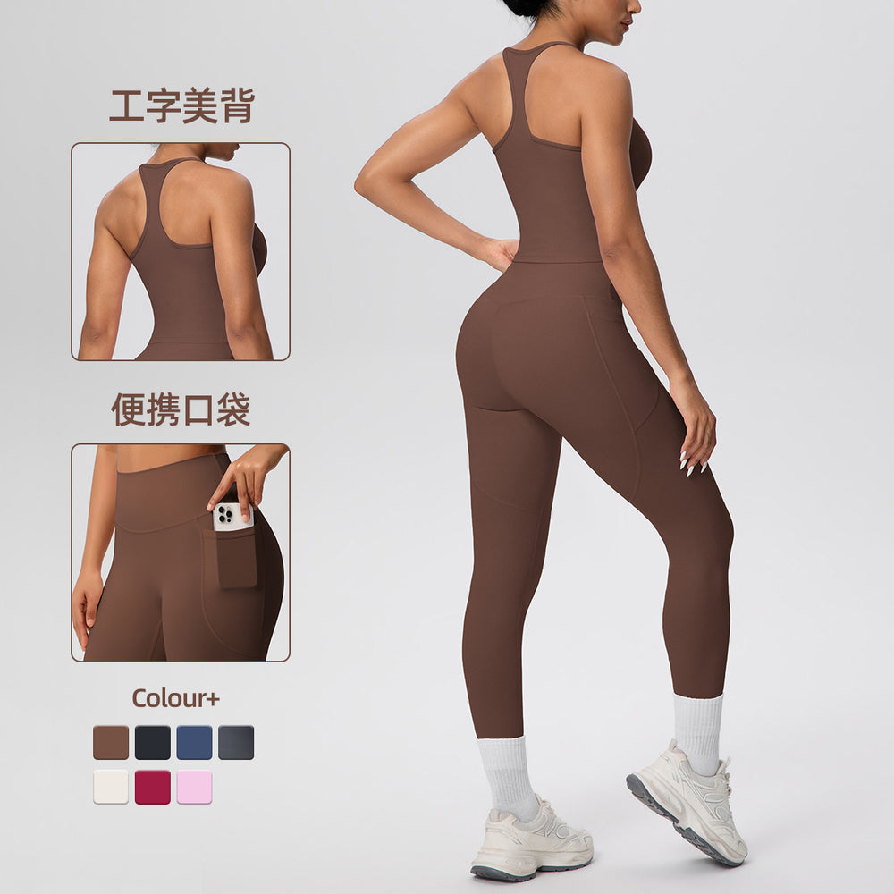 New arrival cross-border brushed back tight i-shaped back flap pocket pants yoga suit sports running fitness two-piece set
