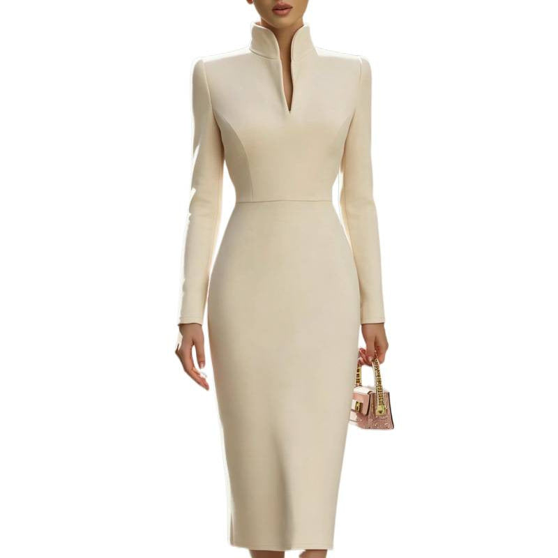 European and american new arrival: slim-fit solid color stand collar long sleeve elegant commute dress / formal dress