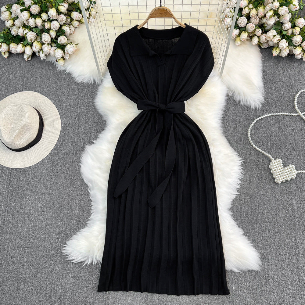 summer french retro chic polo collar loose fit waist tie a-line knit maxi dress