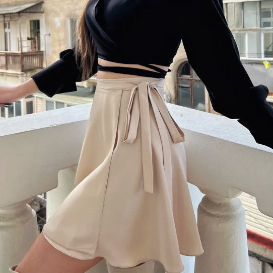popular sweet and sexy high-waisted strappy skirt women's  ballet one-piece satin short wrap skirt