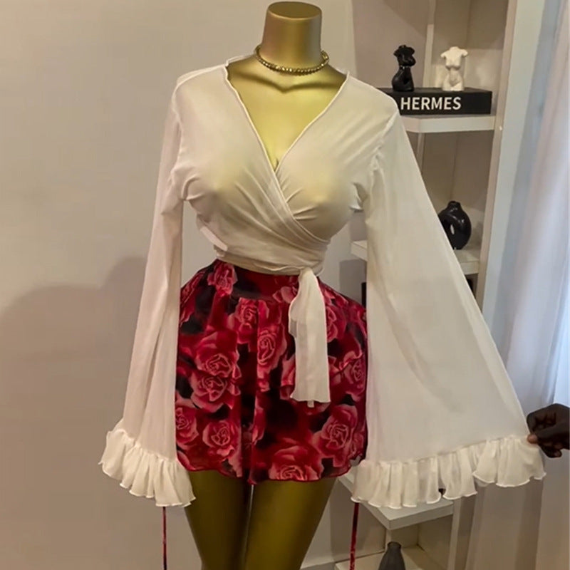 European and american cross-border women's fashion:  autumn new arrivals - sexy and elegant v-neck tie-up lightweight blouse, sheer slim-fit top
