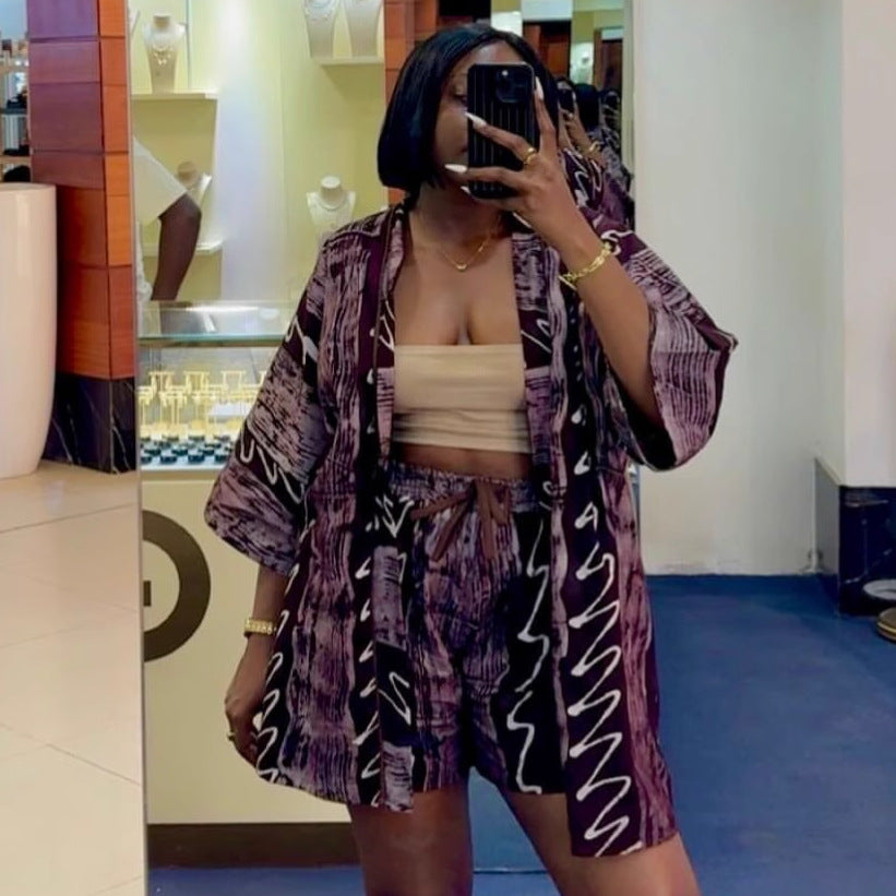 European and American large-size women's casual suit printed cardigan shirt African versatile shorts fashion foreign style two-piece set women