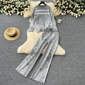 European and american style women's fashion set: chic and versatile round neck long sleeve jacquard knit sweater top with high-waisted casual wide-leg pants