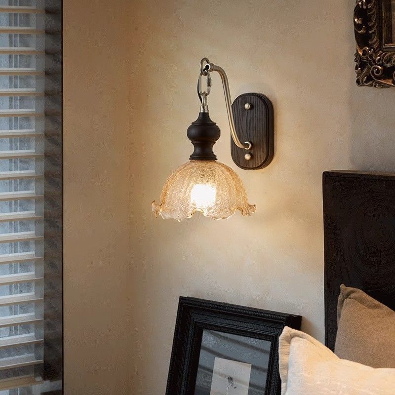 Nordic bedside wall lamp solid wood bedroom japanese bedside lamp living room corridor aisle retro american glass atmosphere