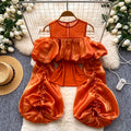 K-style off-shoulder satin gaoze puff sleeve shirt for women springsense of design pleatedtops to cover the flesheasiest for matchwork clothing