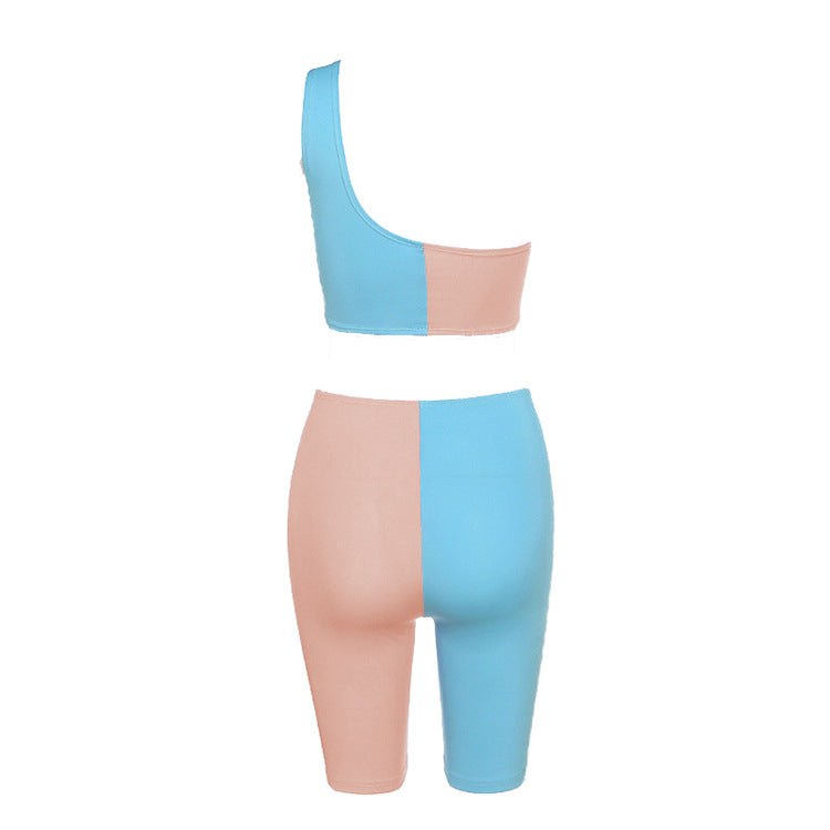 European and american cross-border women's fashion: new arrivals on  and  - sexy color block one-shoulder drawstring sporty two-piece set