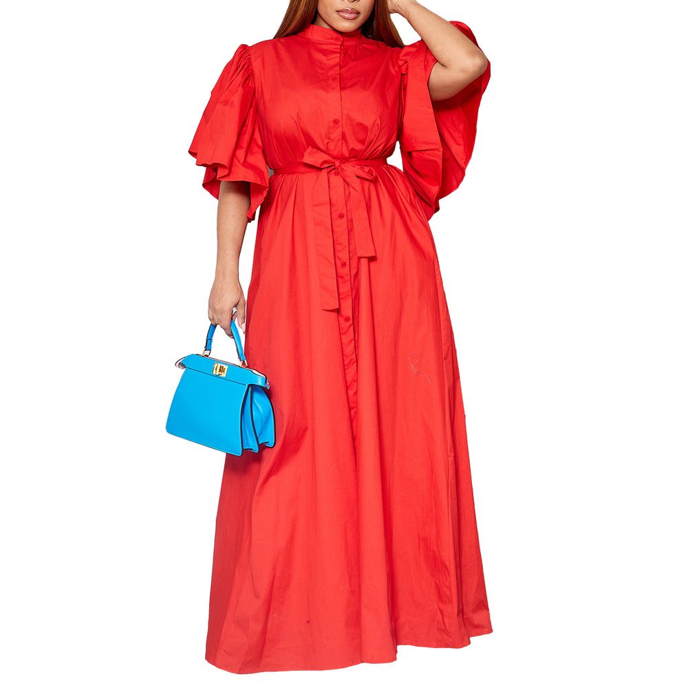 D3270   summer fashion bell sleeves single breasted belt waist loose long skirt export dress