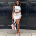 European and american style fitted solid color fashion set - hand-embroidered floral round neck crop top and mini skirt two-piece outfit