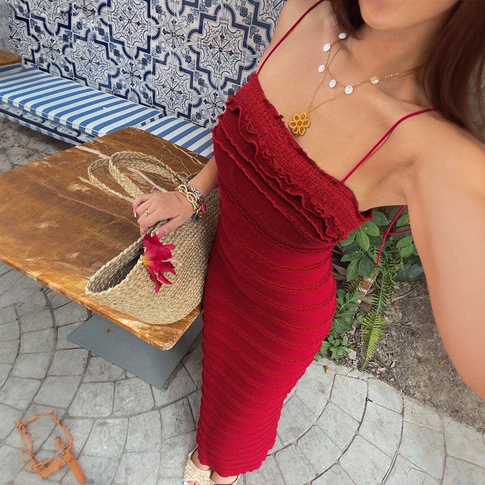 European and american design red ruffle lace sexy camisole dress - new women's slim fit, figure-flattering, unique maxi dress