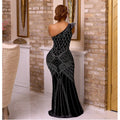 C6818 cross-border   fashion women's solid color rhinestone oblique neck maxi dress