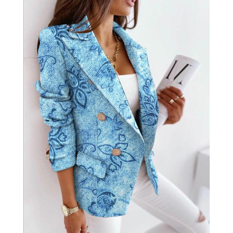 Fall and winternew arrivallong sleeves double-breasted fashioncasualprinting small suit women's silmwoolenoutwear