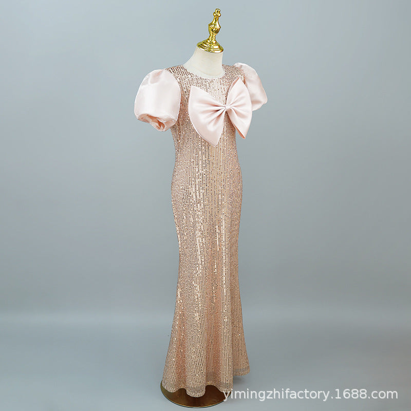 Custom european and american children's formal dresses, new  collection: sequined, slim-fit, bow-tie, host/performance outfit with puff sleeves - cross-border e-commerce