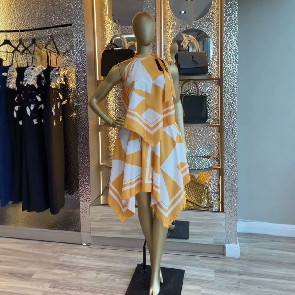 European and american cross-border women's fashion  summer new arrival: elegant halter neck irregular print sleeveless top and midi skirt set