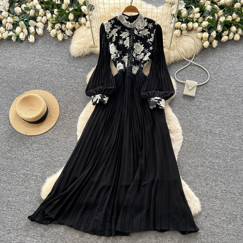 Lady style lantern sleeve sequinlacedress women's summer white stand collar waist pleated long skirt classy sense dress