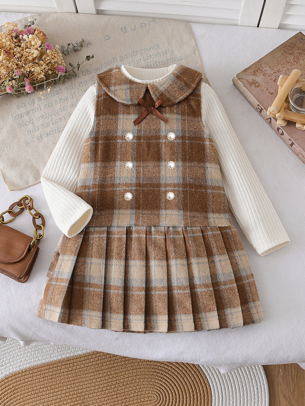 new autumn cross-border girls' preppy style vest plaid pleated skirt round neck top and skirt two-piece set
