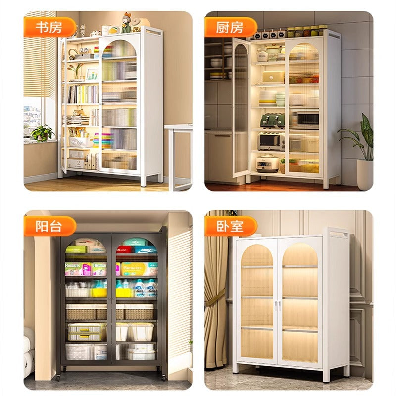Steel bookshelf with glass door dustproof bookcase living room storage cabinet iron storage cabinet cream style figure display cabinet