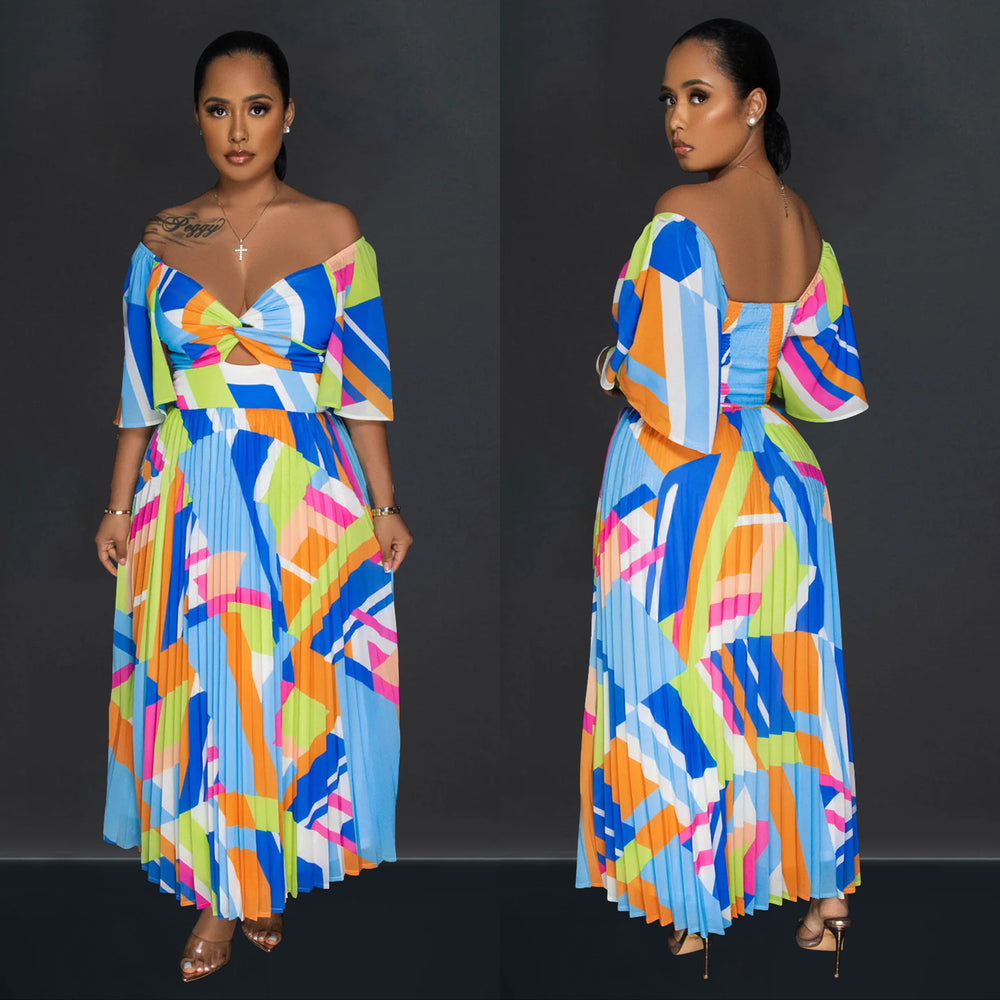 C6879 cross-border   fashion women's sexy printed backless pleated maxi dress