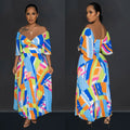 C6879 cross-border   fashion women's sexy printed backless pleated maxi dress