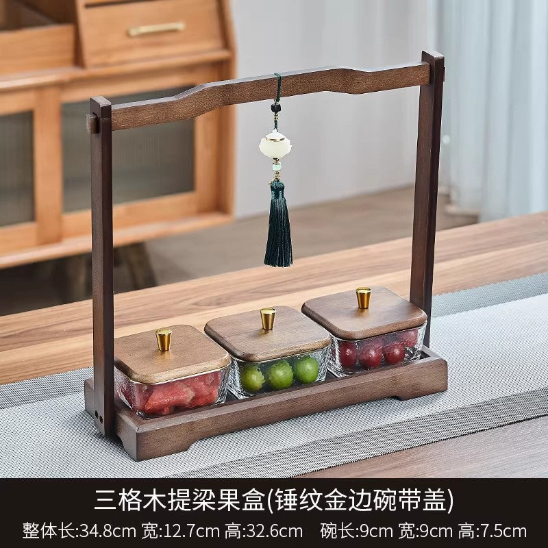 Chinoiserie walnut color dried fruit plate for home divided grids four-square grid lifting beam wedding new home glass bowl fruit plate fruit plate