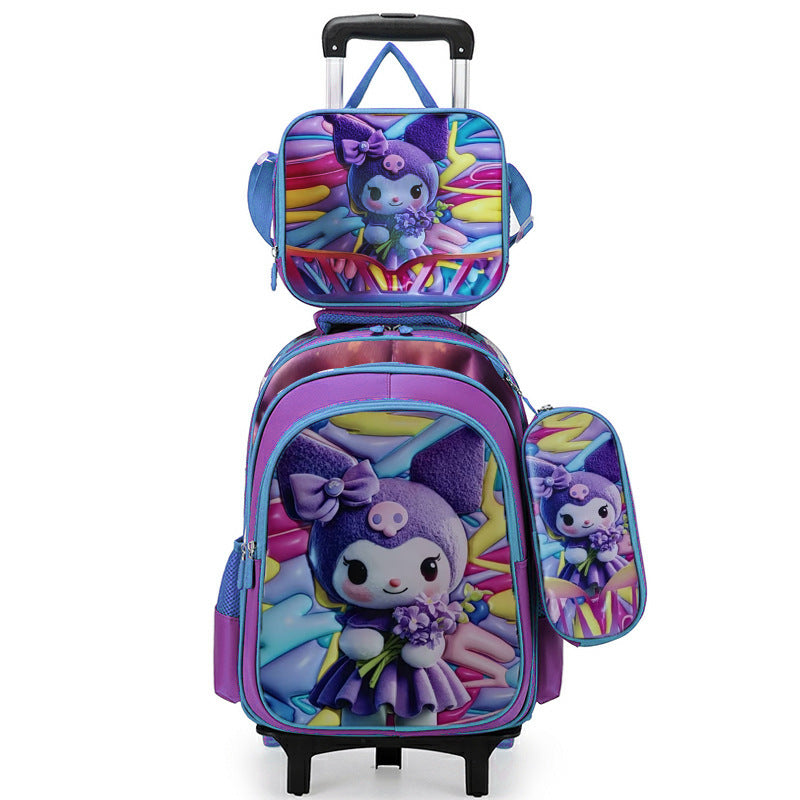 New arrival concave and convex leather primary school student pull rod school bag for grades 3 to 6 kids cartoon three-piece set backpack in stock