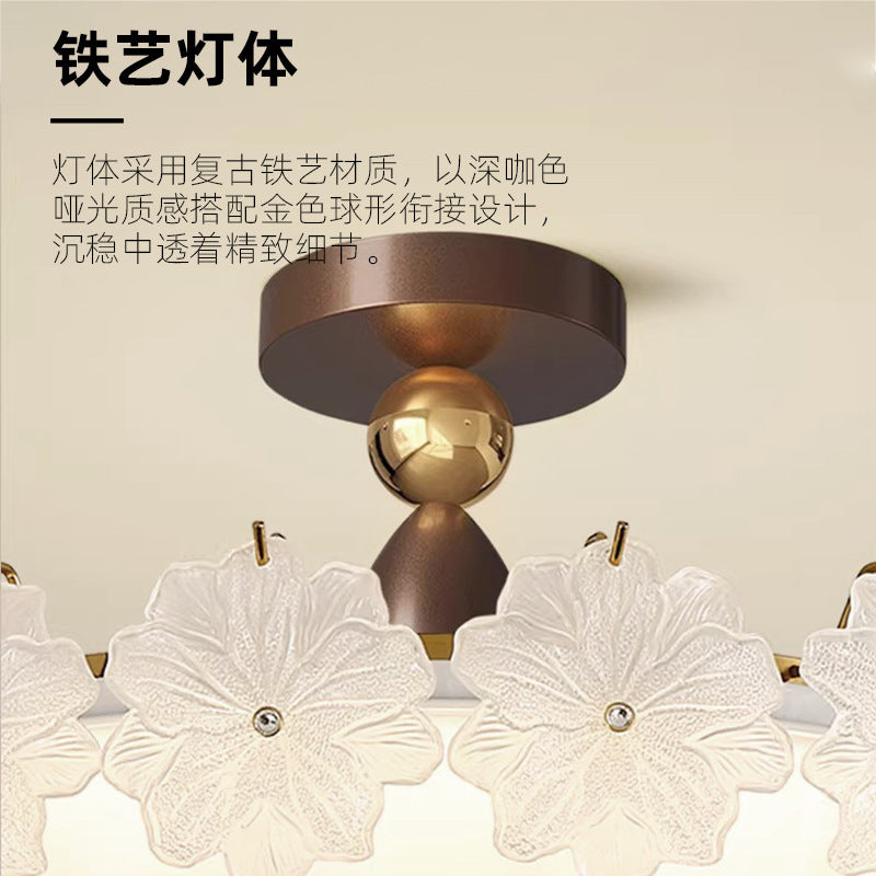 French retro embossed glass flower round ceiling light - walnut wood, soft light, cream style - perfect for kids' rooms and bedrooms
