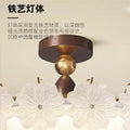 French retro embossed glass flower round ceiling light - walnut wood, soft light, cream style - perfect for kids' rooms and bedrooms