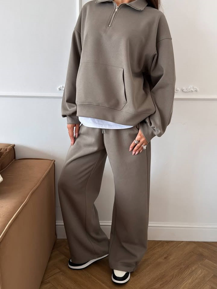 European and American  leisure women's cotton-containing set zipper lapel pullover sweater strap straight wide-leg pants two-piece set