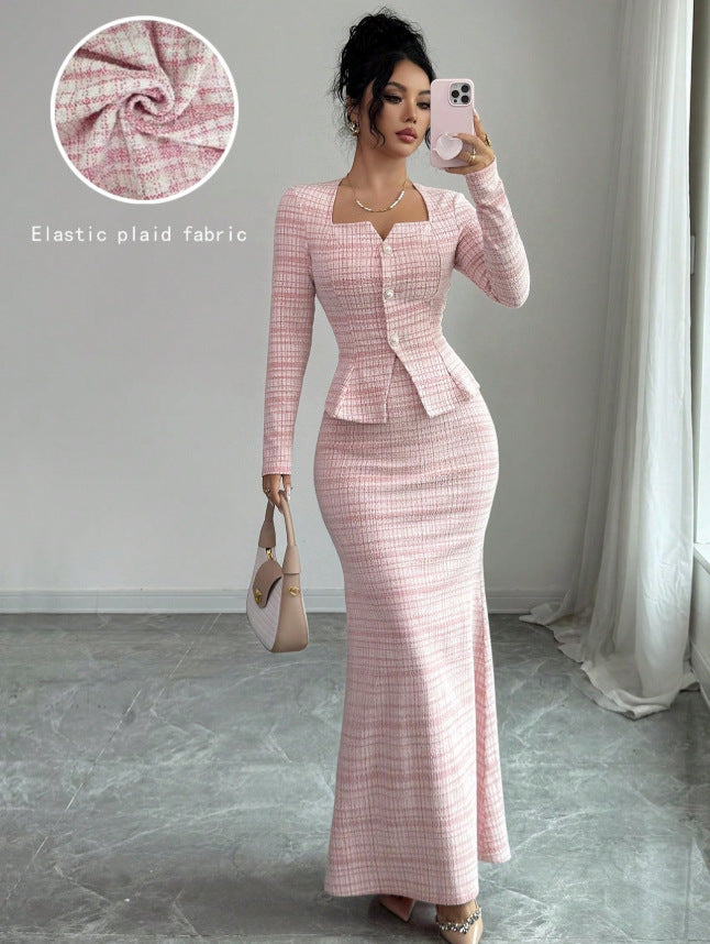 cross-border fashion lapel long-sleeve short plaid blazer & chic tweed dress set