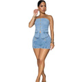 European and american style women's casual denim set - cross-border fashion: metallic button bandeau top & high-waisted shorts