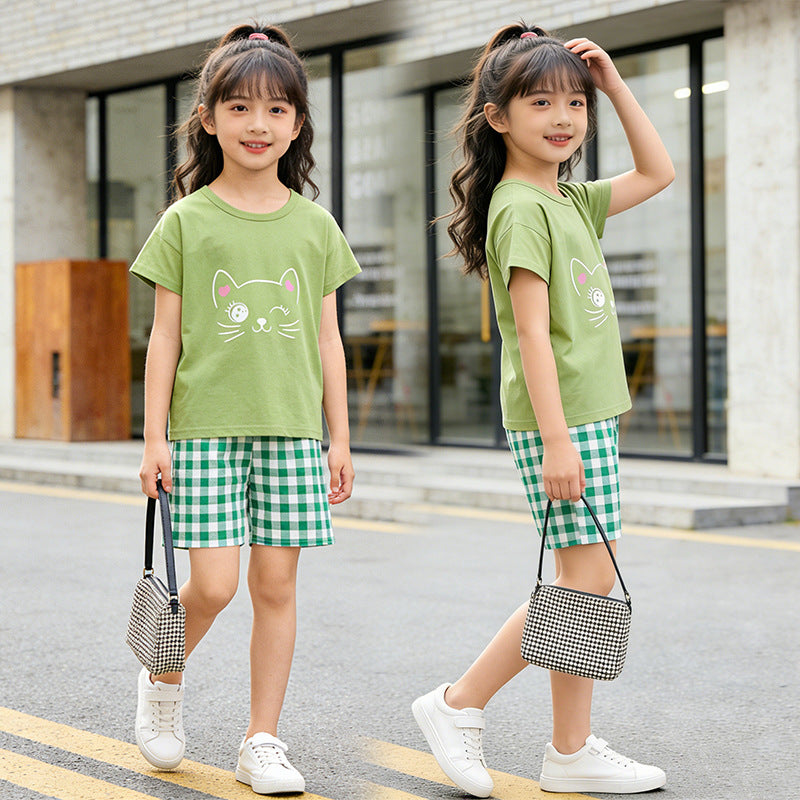 Girls' summer outfit set  new style: girls' shorts and top two-piece set for mid-to-large children, sweet summer style