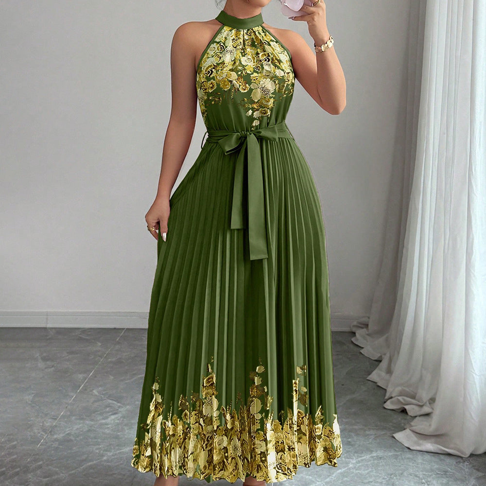 European and american cross-border women's summer  elegant halter neck tie waist floral print pleated maxi swing dress