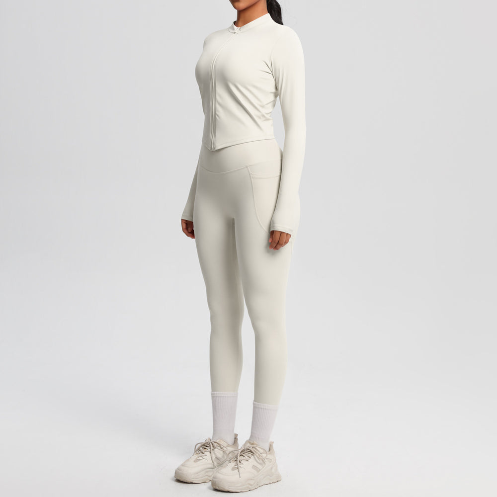 nude double-sided brushed tight long sleeves yoga suit outdoor running slimming look fitness pants sports suit women
