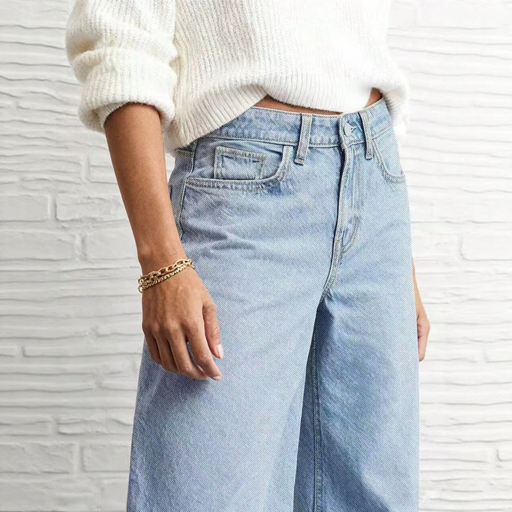 Fashion style light blue washed denim pants women's button front flap pocket pants high waistloose pantsslimming lookmopjeans