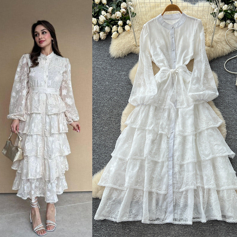 French chic lace patchwork tie-waist ruffle hem dress - women's autumn slimming elegant maxi dress