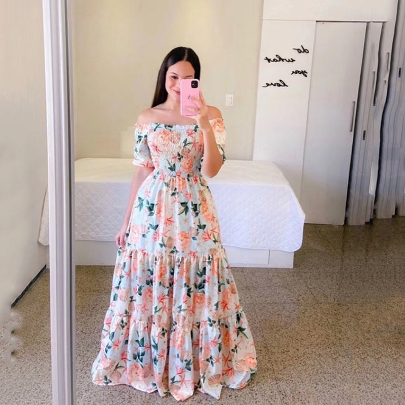 new spring/summer cross-border fashion: european and american style women's one-shoulder floral print maxi dress - off-the-shoulder fairy dress