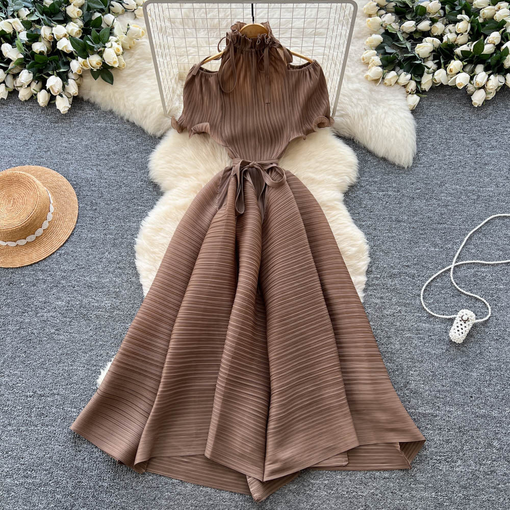 European and american style high-end short-sleeve dress for women - autumn off-the-shoulder ruffle stand collar tie-waist design - mature woman maxi dress