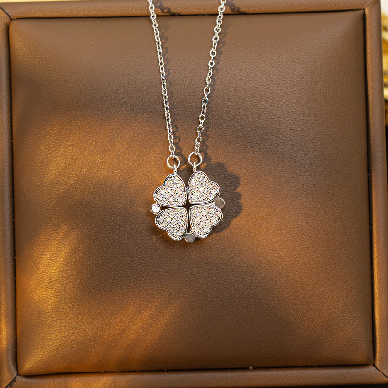 Copper inlaid with zirconium, a popular model with multiple diamonds, heart four-leaf clover necklace for women, niche stylefashionaccessible luxury clavicle chain jewelry