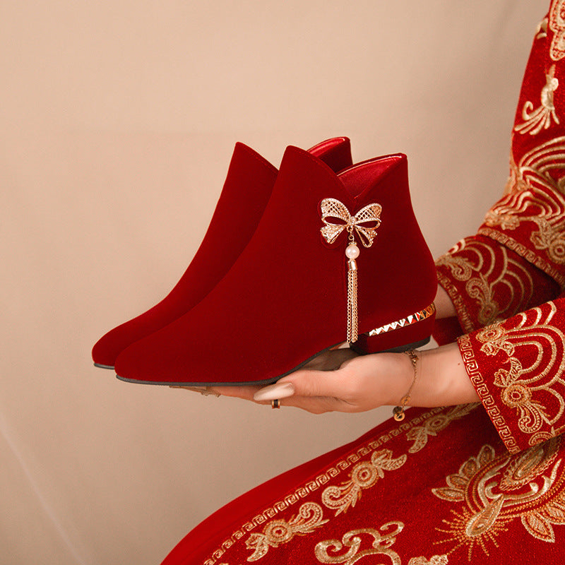 Winter wedding shoes women's thick heel plus size red short boots fleece-lined bridal shoes xiuhe red shoes toast high heels winter